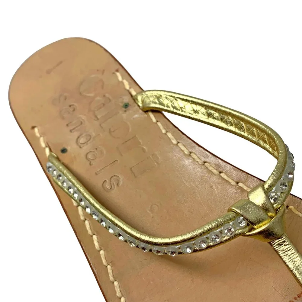 CAPRI‎ SANDALS CO. Gold Leather Rhinestone Thong Slide Sandals